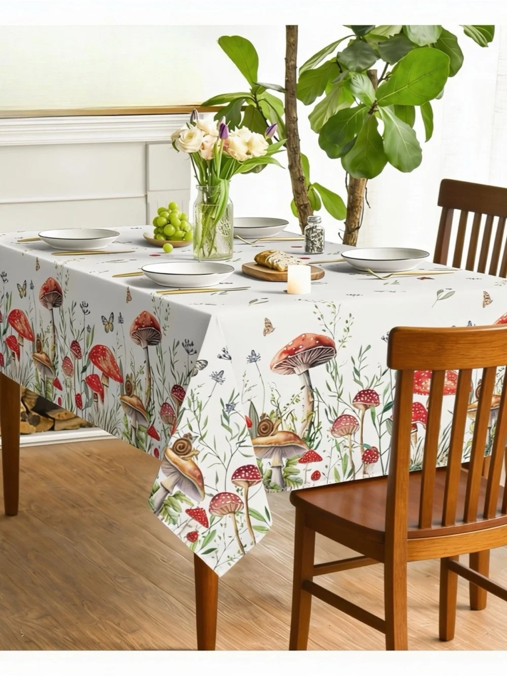 Cottagecore mushroom print boho 2 PACK tablecloths with red & green motif 🍄🌿🐌